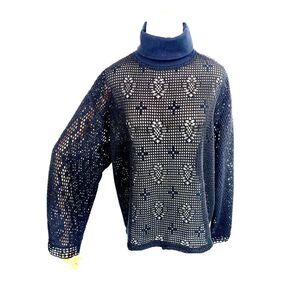 See by Chloe Medium Sweater Black Crochet Mesh Neck Boxy Crop Turtle Neck